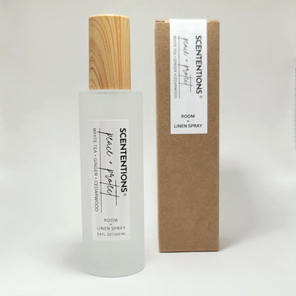 Peace + Protect room and linen spray with packaging box on white background.