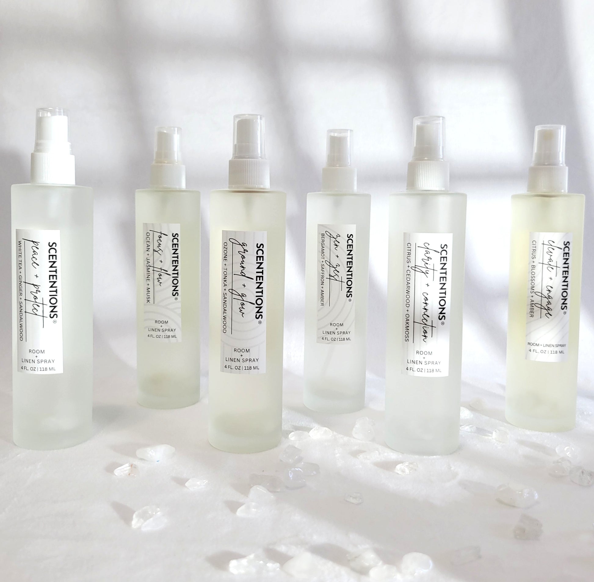 Crystal-infused Scententions organic room and linen sprays lineup