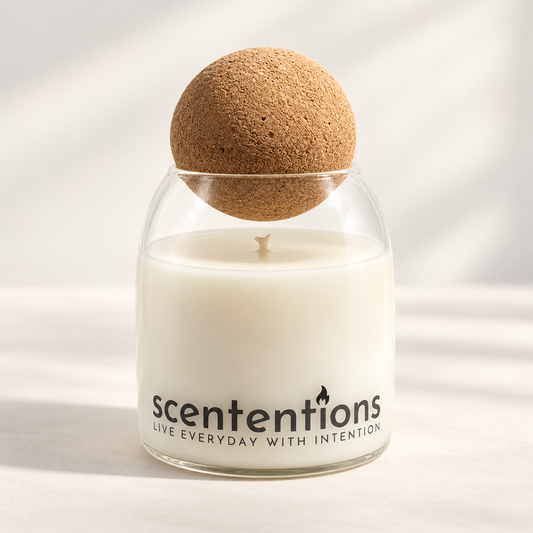 SCENTENTIONS Signature Collection 11 oz coconut wax candle in glass vessel with natural cork lid.