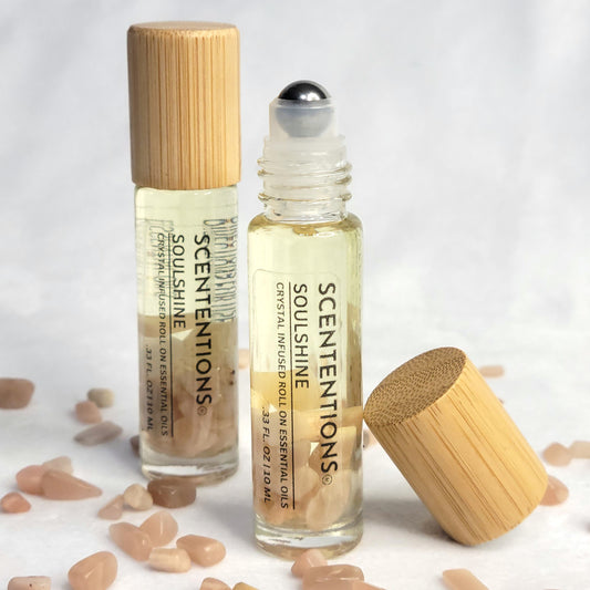 Soulshine crystal infused essential oil roll-on with sweet orange and coconut scent