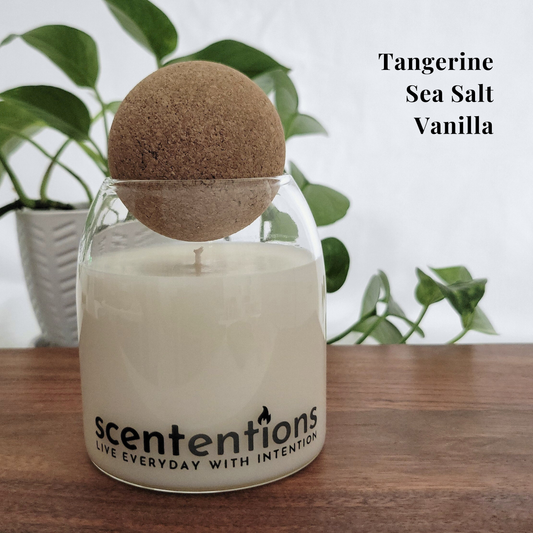 Coconut wax candle in clear glass jar with cork lid on wooden surface, SUNSHINE + SERENITY scent with notes of tangerine, bergamot, sea salt, musk, vanilla, and amber.