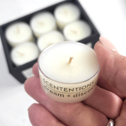 Single organic coconut wax tea light candle in clear cup with cotton wick.