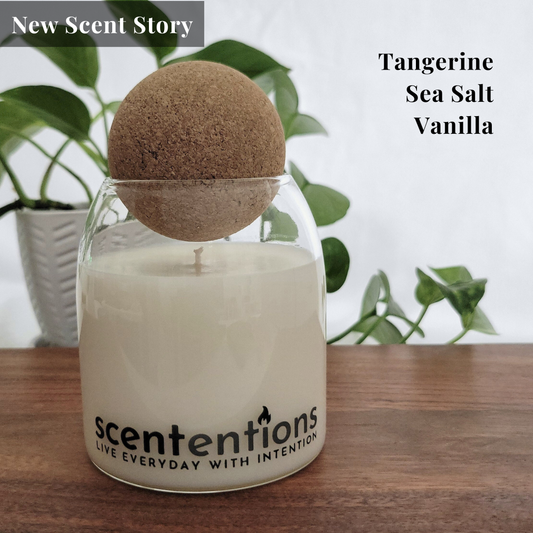 Sunshine + Serenity crystal-infused candle shown with vessel, box, and candle top. Hand-poured coconut wax with intentional design for balance and peace.