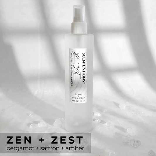 Zen + Zest room spray with notes of bergamot, saffron, and amber for calm and clarity by Scententions